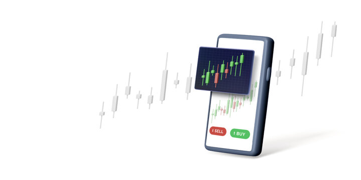 Mobile phone with stock exchange trade app on screen in 3D style. Render of investment application and business banner