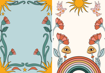 Groovy psychedelic hand drawn floral background for Posters Wall art, Invites and cards. Art Nouveau inspired trendy 60s 70s hippie themed retro cute print template with floral borders.