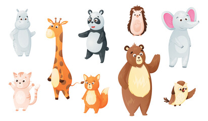 Cute cartoon forest and wild African Animals. Set of vector isolated illustrations.