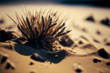 Planta de mar en la arena, al sol en la playa. Generative AI.