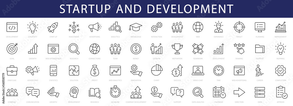 Leinwandbilder development & start up thin line icons set. development editable stroke icon. start up symbols colle