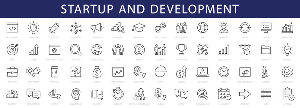 Development & Start up thin line icons set. Development editable stroke icon. Start up symbols collection. Vector illustration