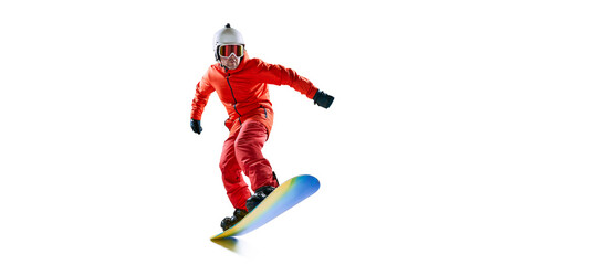 Fototapeta na wymiar Portrait of active man, snowboarder in uniform riding on snowboard isolated over white studio background. Banner, flyer. Concept of winter sport, action, motion