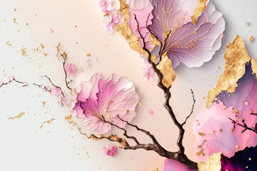 Abstract sakura, design for prints, postcards or wallpaper with golden elements. AI