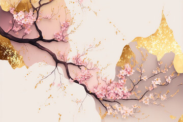 Abstract sakura, design for prints, postcards or wallpaper with golden elements. AI - obrazy, fototapety, plakaty