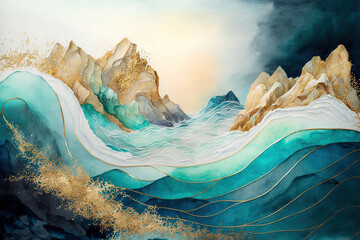 Abstract mountains and ocean waves, design for prints, postcards or wallpaper with golden elements. AI