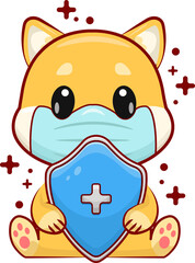 Cute Shiba Inu With Face Mask Holding Shield Shape