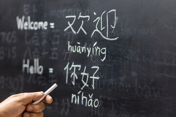 Learning chinese alphabet "pinyin" in classroom.