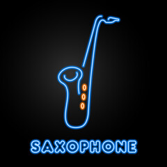 saxophone neon sign, modern glowing banner design, colorful modern design trends on black background. Vector illustration.