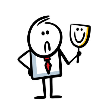 Businessman with a grimace on his face holds a theatrical mask with a positive smile.