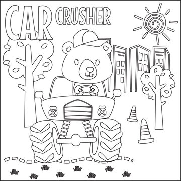Vector illustration of monster truck with cute bear driver. Cartoon isolated vector illustration, Creative vector Childish design for kids activity colouring book or page.