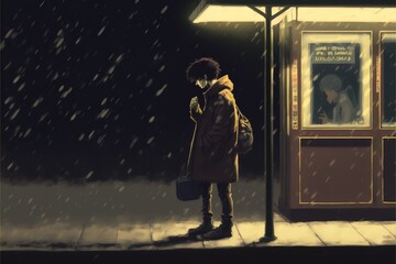 The boy is waiting at night at the bus stop