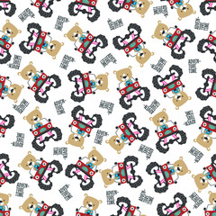 Seamless pattern vector of monster truck with little bear driver. Creative vector childish background for fabric textile, nursery background, baby clothes, wrapping paper and other decoration. © Hijaznahwani