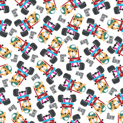 Seamless pattern vector of monster truck with little tiger driver. Creative vector childish background for fabric textile, nursery background, baby clothes, wrapping paper and other decoration.