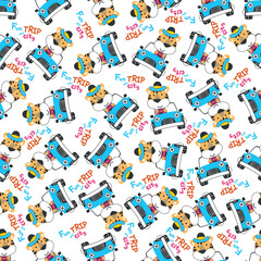 Seamless pattern of funy tiger driving the blue car. Can be used for t-shirt print, Creative vector childish background for fabric textile, nursery wallpaper and other decoration.