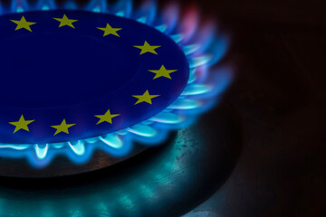 europe flag and hob burner of blue gas, cost of gas, the euro crisis, sancions on russian gas, hob...