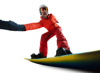 Positive vibes. Portrait of active man, snowboarder in uniform riding on snowboard isolated over...