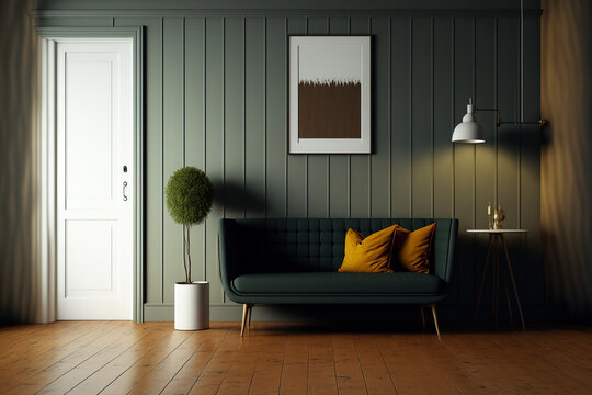 Wooden floors and a cozy, mid century sofa in the room. You can use the front view and blank walls as a mockup. Generative AI