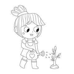 Obraz na płótnie Canvas Cute girl watering tree. Earth day coloring page for children. A kid planting a tree. Kawaii cartoon character. Save the planet. Zero waste. Coloring book. Black and white vector illustration.