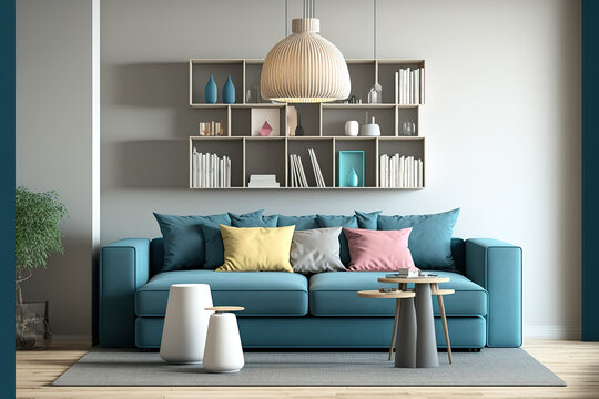 Modern Pendant Lamp, Beige, Blue, And Grey Hues, Fashionable Sofa With Cushions, And Shelving Are All Used In This On Trend Living Room Design. Minimalist Interior Design Idea. Mockup,. Generative AI