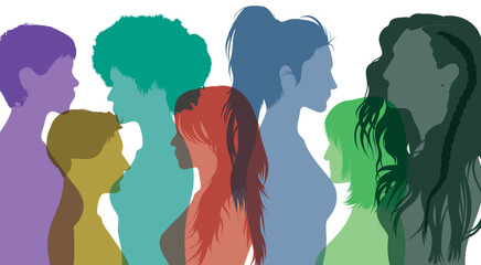 Communication group of multi-ethnic women and girls. Flat vector illustration. Community of female social networkers from different cultures. Get to know each other. 