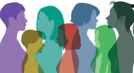 Communication group of multi-ethnic women and girls. Flat vector illustration. Community of female social networkers from different cultures. Get to know each other. 