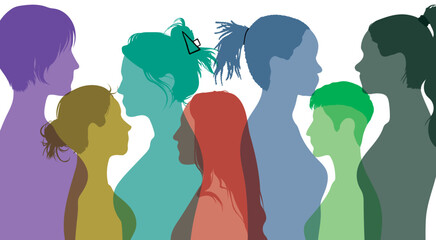 Communication and information sharing group for multi-ethnic and international women and girls. Diversity in friendship. Flat vector. A profile of a female and her social network community. 