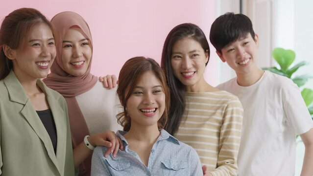 Group Of Young People Gen Z Talent Workforce Relax Smile Look At Camera Standing Studio Shot Shooting. Power Of Diverse Asia Girl Woman, Youth LGBT Pride Gay Lesbian, Female Lady Unity In Women's Day.