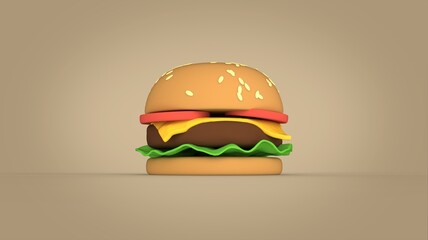 Toon style colourful hamburger with cheese and vegetables close up food 3d illustration advertisement ready isolated on solid background front view