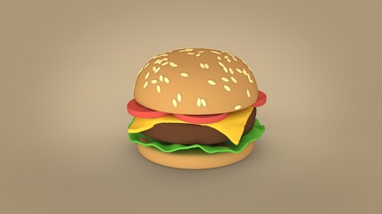 Toon style colourful hamburger with cheese and vegetables close up food 3d illustration advertisement ready isolated on solid background perspective view