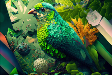 緑色の鳥の現実的なイラスト, Generative AI