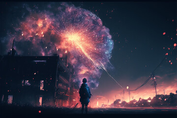 街中で打ち上げられる花火を眺める女性、Generative AI