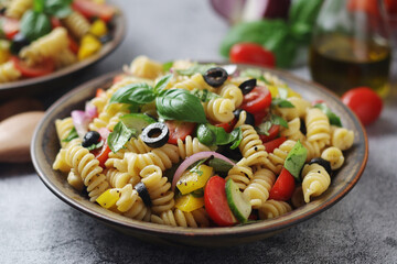 A bowl with traditional Italian pasta salad