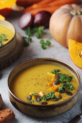 Bowls served with seasonal pumpkin soup