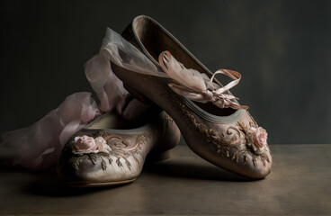 Old and used pink vintage ballet pointe shoes. Generative AI