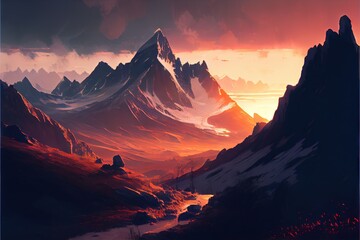 Fototapeta na wymiar Mountain landscape at sunset. AI generated art illustration. 