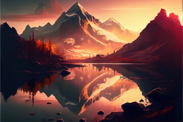 Fototapeta na wymiar Mountain landscape at sunset. AI generated art illustration. 