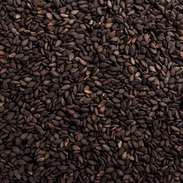 Black Sesame Seeds, for the production of oil, or for sprinkling flour products and as a condiment. Background, texture. top view