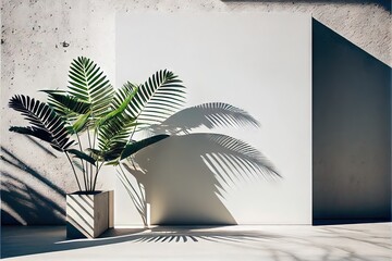 Minimal product placement background with palm shadow. AI generated art illustration.