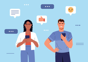 Internet or online communication concept. Man and woman with smartphones in their hands. Social networks and instant messengers, addiction to gadgets and devices. Cartoon flat vector illustration