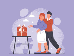 Surprise for lover. Man closes girls eyes, young guy with present box. Wedding anniversary, birthday and valentines day. Holiday or festival. Romance and love. Cartoon flat vector illustration