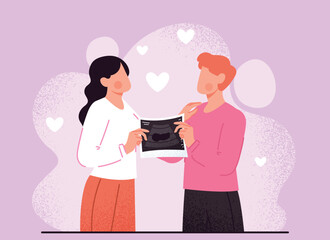 Ultrasound scan concept. Man and woman look at x ray with baby, future parents. Pregnancy and fertility, medicine. Poster or banner for website. Cartoon flat vector illustration