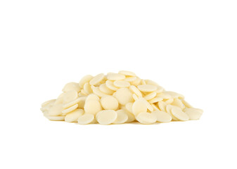 Pile of glaze in the form of drops of milk chocolate on a white background.