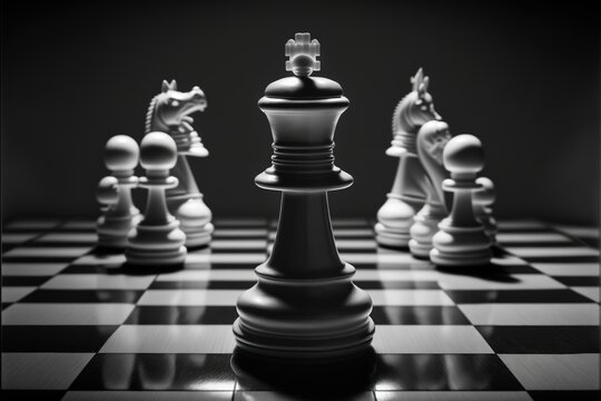  a chess board with a black and white chess set on it and a black and white chess board with a black and white chess board with a white horse on it and black background and white., generative ai