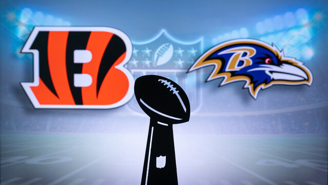 CINCINNATI, USA, JANUARY 10, 2023: Baltimore Ravens vs. Cincinnati Bengals. NFL Wild Card Round 2023, Silhouette of Vince Lombardi Trophy for the winner of National Football League. Big screen