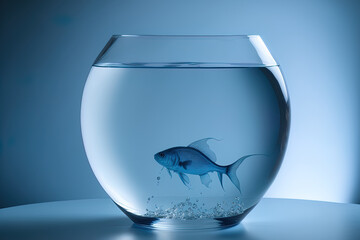 A blank fishbowl with water in it is shown against a blue backdrop. taken using a 5D Mark III in a studio. Generative AI