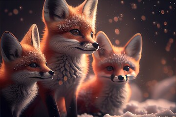 A small group of tiny and cute foxes in the snow. AI generated art illustration.	
