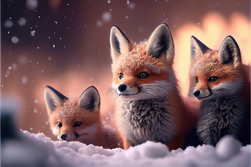 Fototapeta premium A small group of tiny and cute foxes in the snow. AI generated art illustration. 