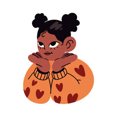 simple modern doodle illustration sticker of a smiling cute black girl with space buns in an orange sweater with red heart print, valentine's day celebration, falling in love, transparent background