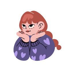 simple modern doodle illustration sticker of a smiling cute white ginger girl in a blue sweater with heart print, valentine's day celebration, falling in love, transparent background